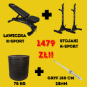 Zestaw Ławeczak+Stojaki+Gryf+65kg + gratis 2x2,5 kg.