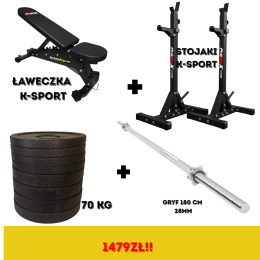 Zestaw Ławeczak+Stojaki+Gryf+65kg + gratis 2x2,5 kg.